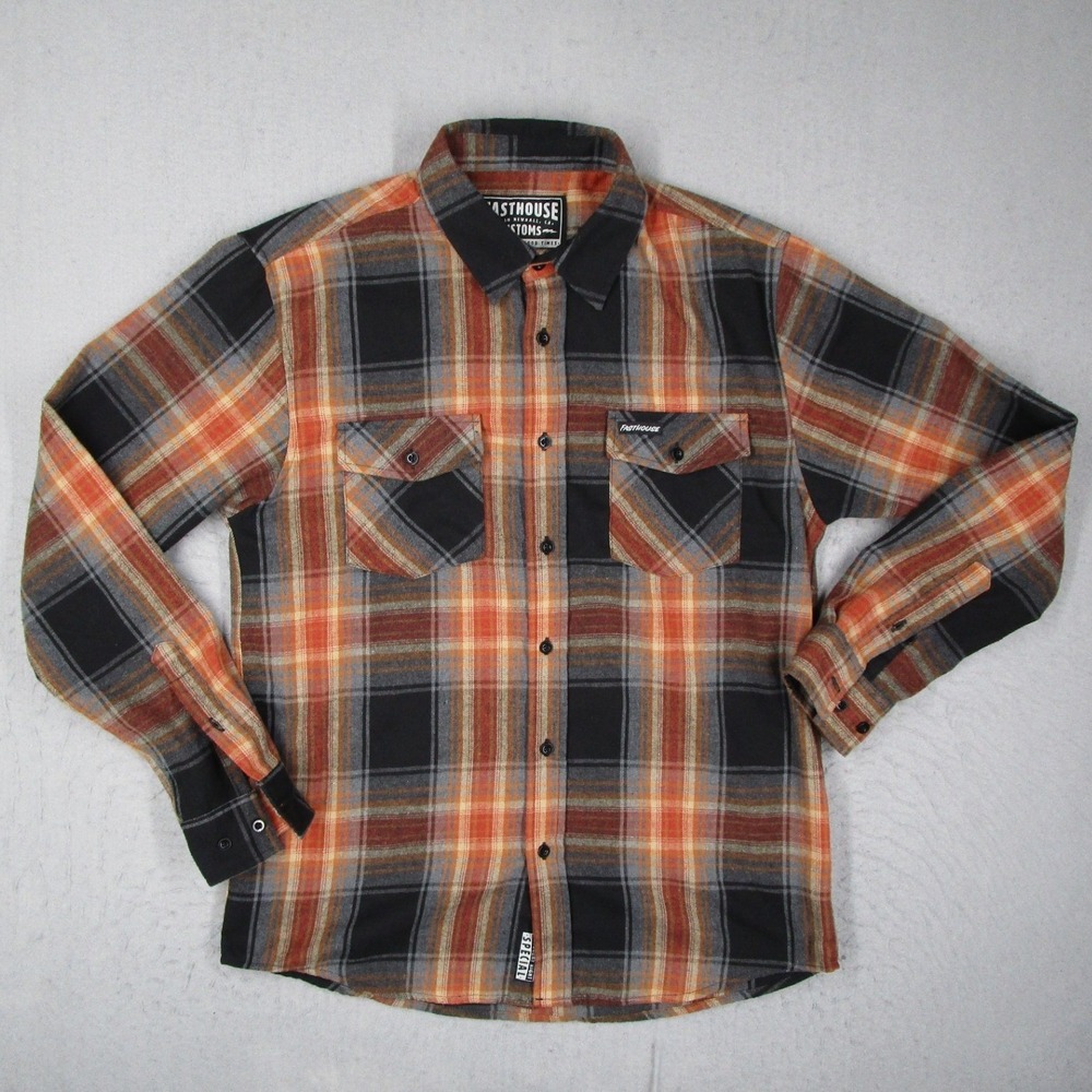 Fasthouse Customs Mens Plaid Flannel Shirt Orange Black Long Sleeve Size Medium
